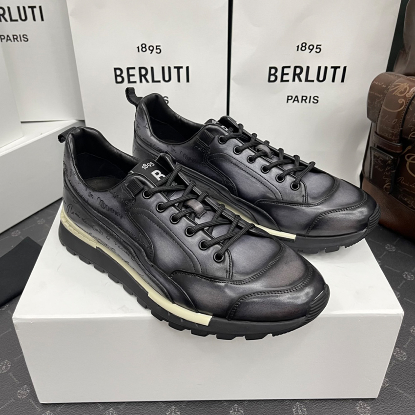 NIGO Berluti Men's Fast Track Trainers Four Seasons Solid Colour Print Casual Lace Up Leather Shoes #nigo71697
