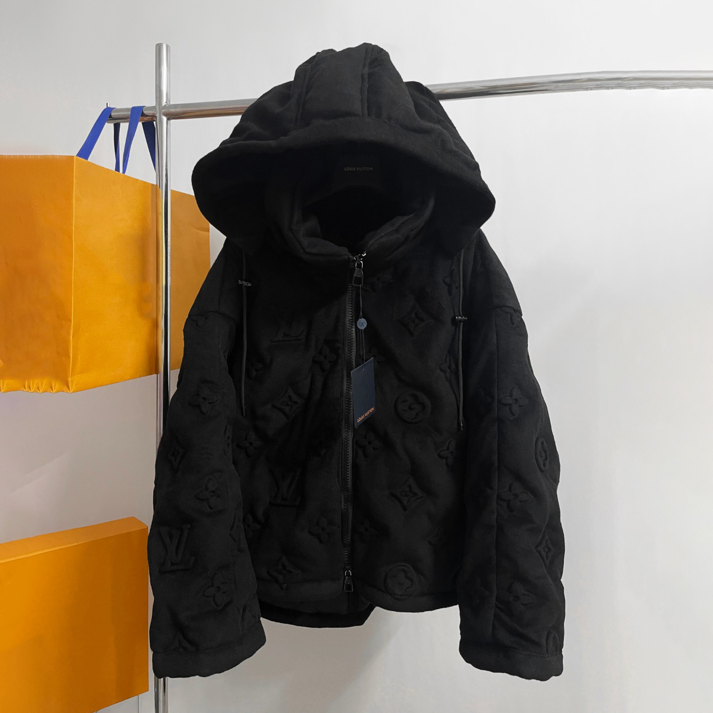 NIGO Louis Vuitton Men's And Women's Fall And Winter Black Logo Convex Print Hooded Zipper Long Sleeved Puffer Down Jacket #nigo74115