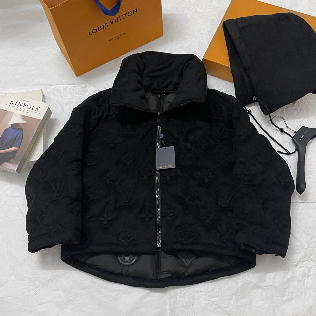 NIGO Louis Vuitton Men's And Women's Fall And Winter Black Logo Convex Print Hooded Zipper Long Sleeved Puffer Down Jacket #nigo74115