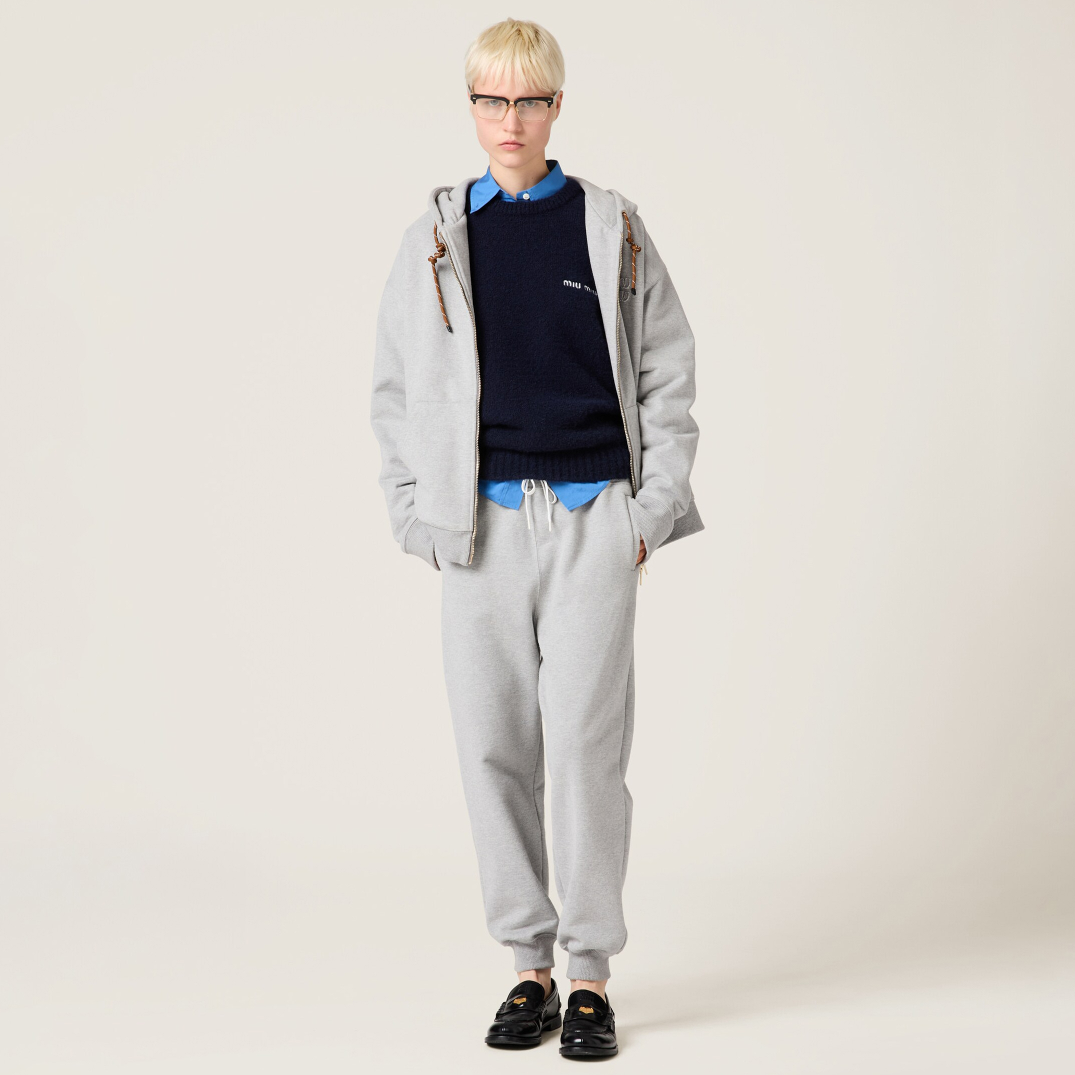 NIGO MiuMiu Women's Spring/Summer Solid Color Embroidered Cotton Zipper Hooded Jacket Stretch Tie Pants Set Suit #nigo74129