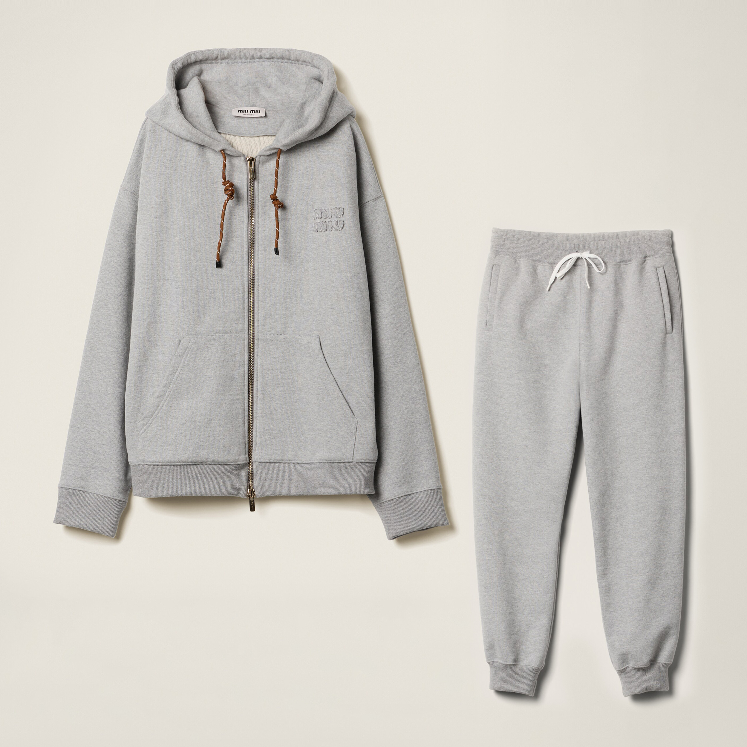 NIGO MiuMiu Women's Spring/Summer Solid Color Embroidered Cotton Zipper Hooded Jacket Stretch Tie Pants Set Suit #nigo74129