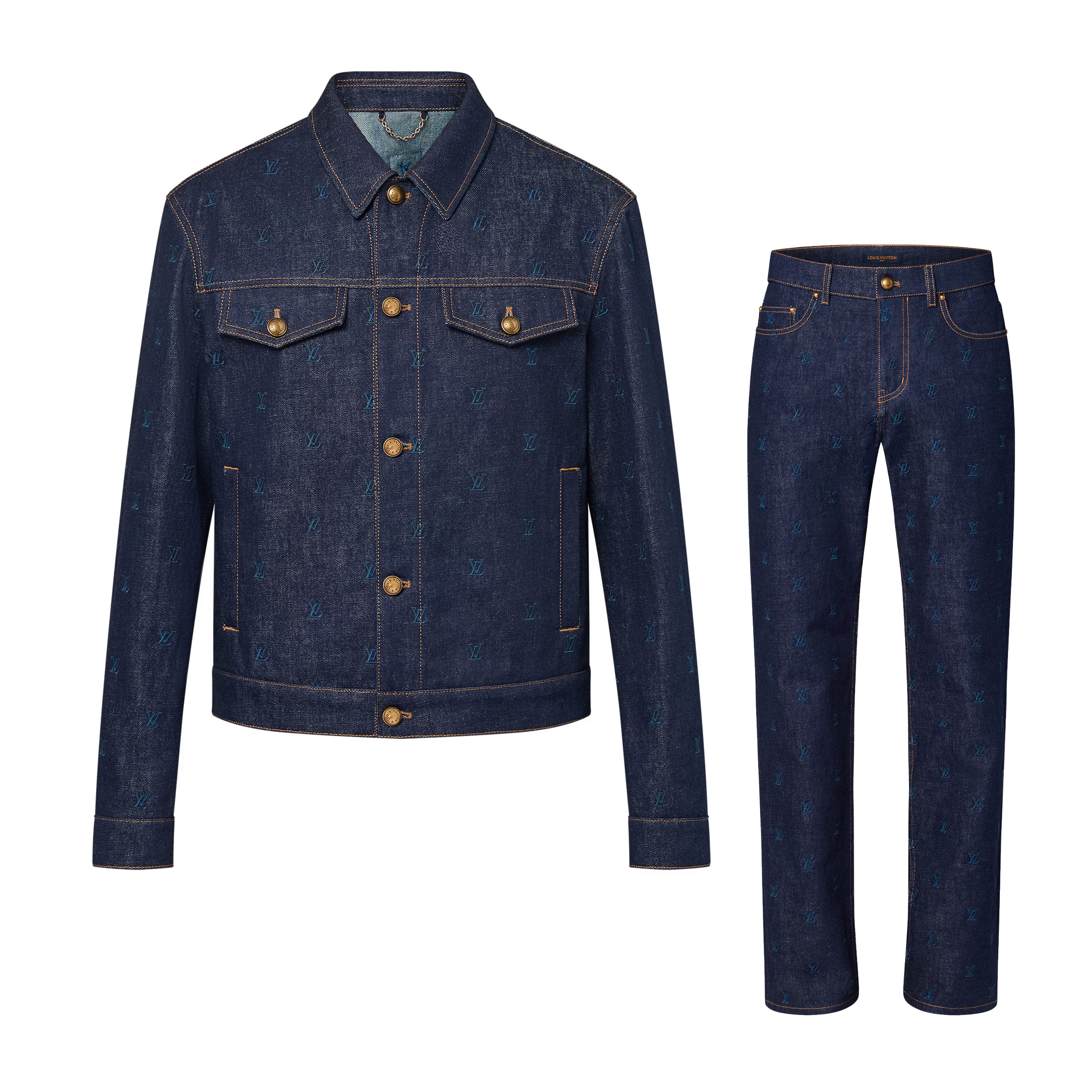 NIGO Louis Vuitton Men's Spring And Autumn Logo Embroidery Color Line Single Breasted Denim Long Sleeved Jacket Jeans Pants Set Suit #nigo74128