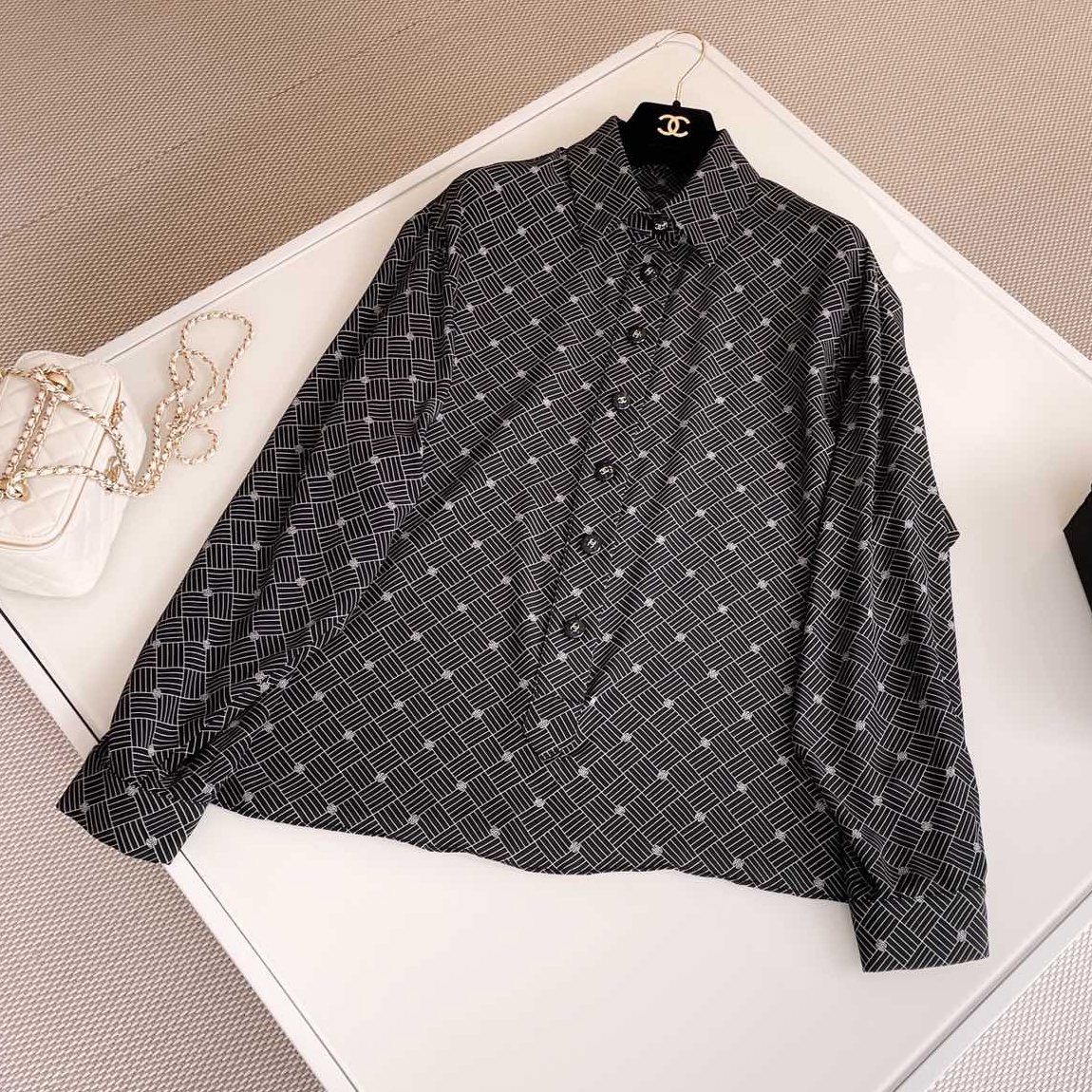 NIGO Chanel Women's Summer Double C Check Polka Dot Silk Single Breasted Long Sleeve Shirt Suit Pants Set #nigo74134