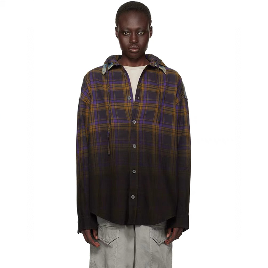 NIGO Acne Studios Men's Spring And Fall Gradient Check Splicing Denim Loose Long-Sleeved Single-Breasted Hooded Shirt Ngvp #nigo9581