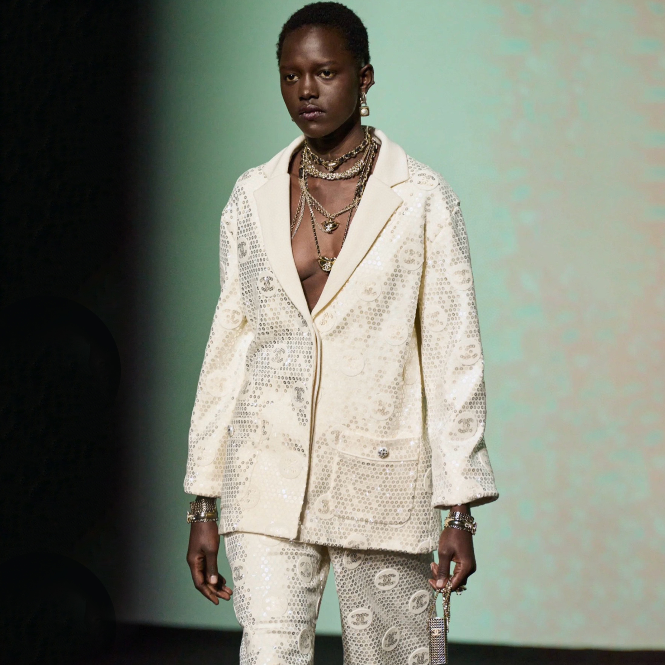 NIGO Chanel Women's Polka Dot Sequin Wool Tweed Blazer Silhouette Lapel White Jacket Double C Letter Lining Camellia Silk Temperament Coat #nigo71736