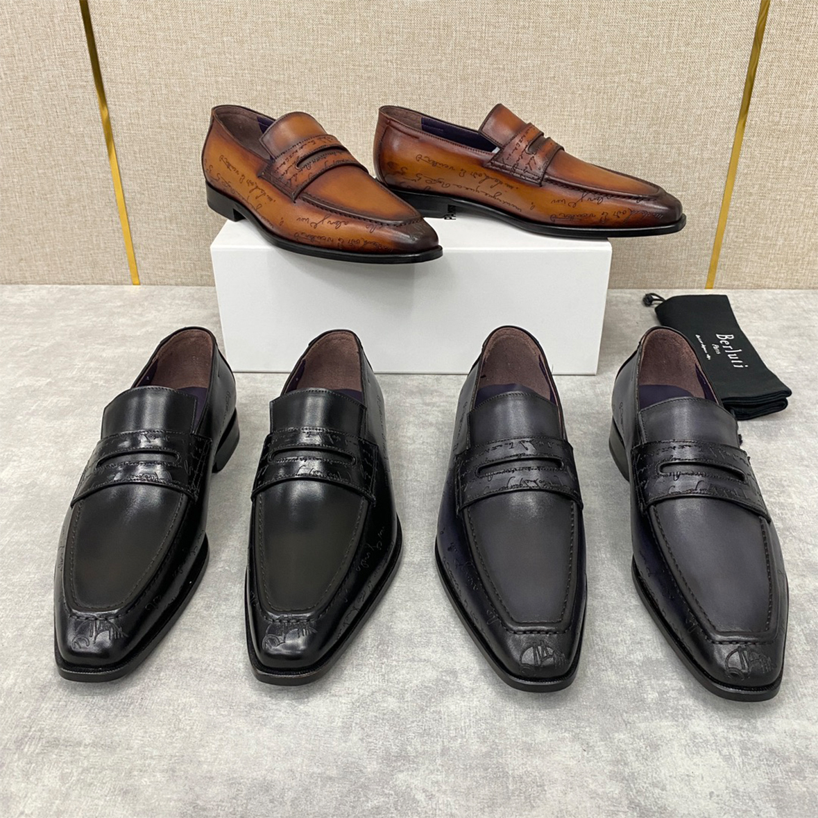 NIGO Berluti Men's Spring Summer Autumn Logo Print Fashion Andy Loafers Solid Color Leather Shoes #nigo71746