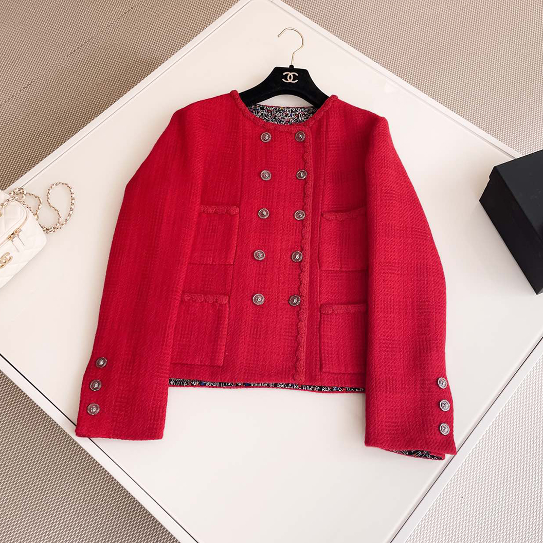 NIGO Chanel Women's Spring And Autumn Wool Tweed Red Double Breasted Long Sleeve Round Collar Jacket Casual Half Skirt #nigo71744
