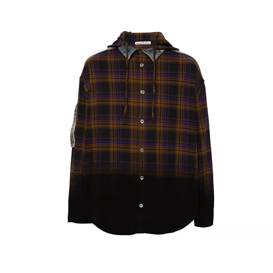 NIGO Acne Studios Men's Spring And Fall Gradient Check Splicing Denim Loose Long-Sleeved Single-Breasted Hooded Shirt Ngvp #nigo9581