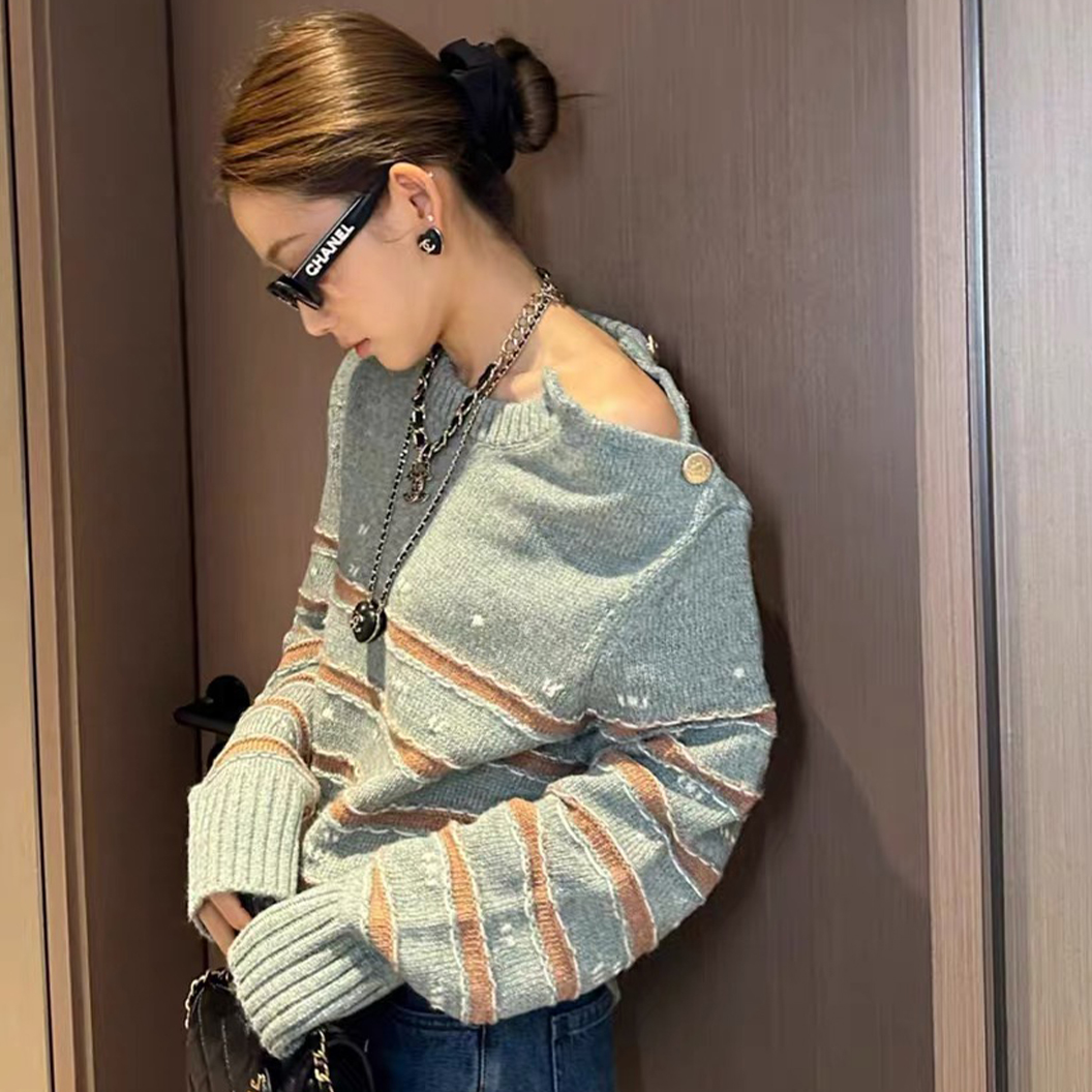 NIGO Chanel Women's Spring And Autumn Striped Fashion Long Sleeve Solid Color Round Neck Sweater #nigo71745