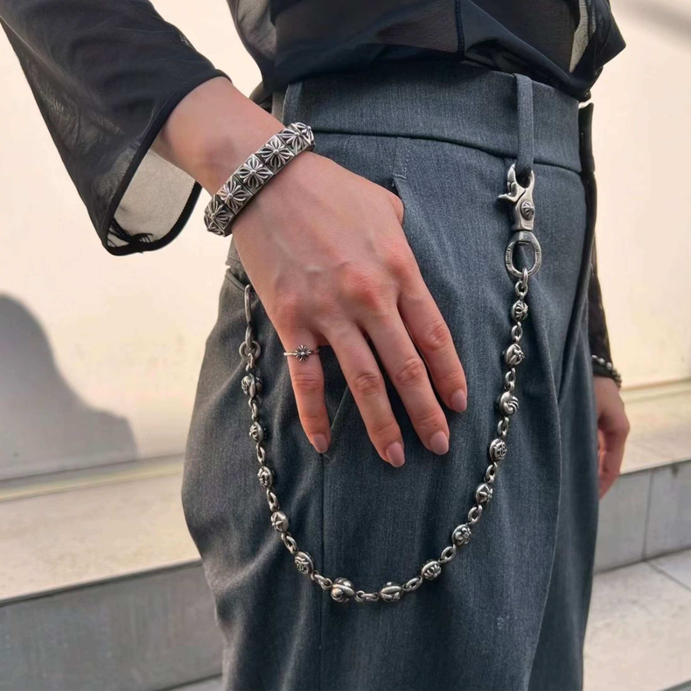 NIGO Chrome Hearts Men's Vintage Sterling Silver 925 Pants Chain Cross High Street Trend Hip Hop Punk Style Accessories Length About 37cm Weight About 87g #nigo71738