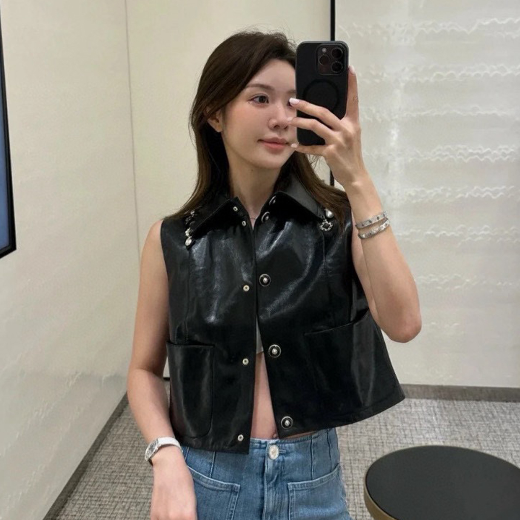 NIGO Chanel Women's Spring And Autumn Fashion Lapel Multi-Pocket Leather Sleeveless Vest Jacket #nigo71743