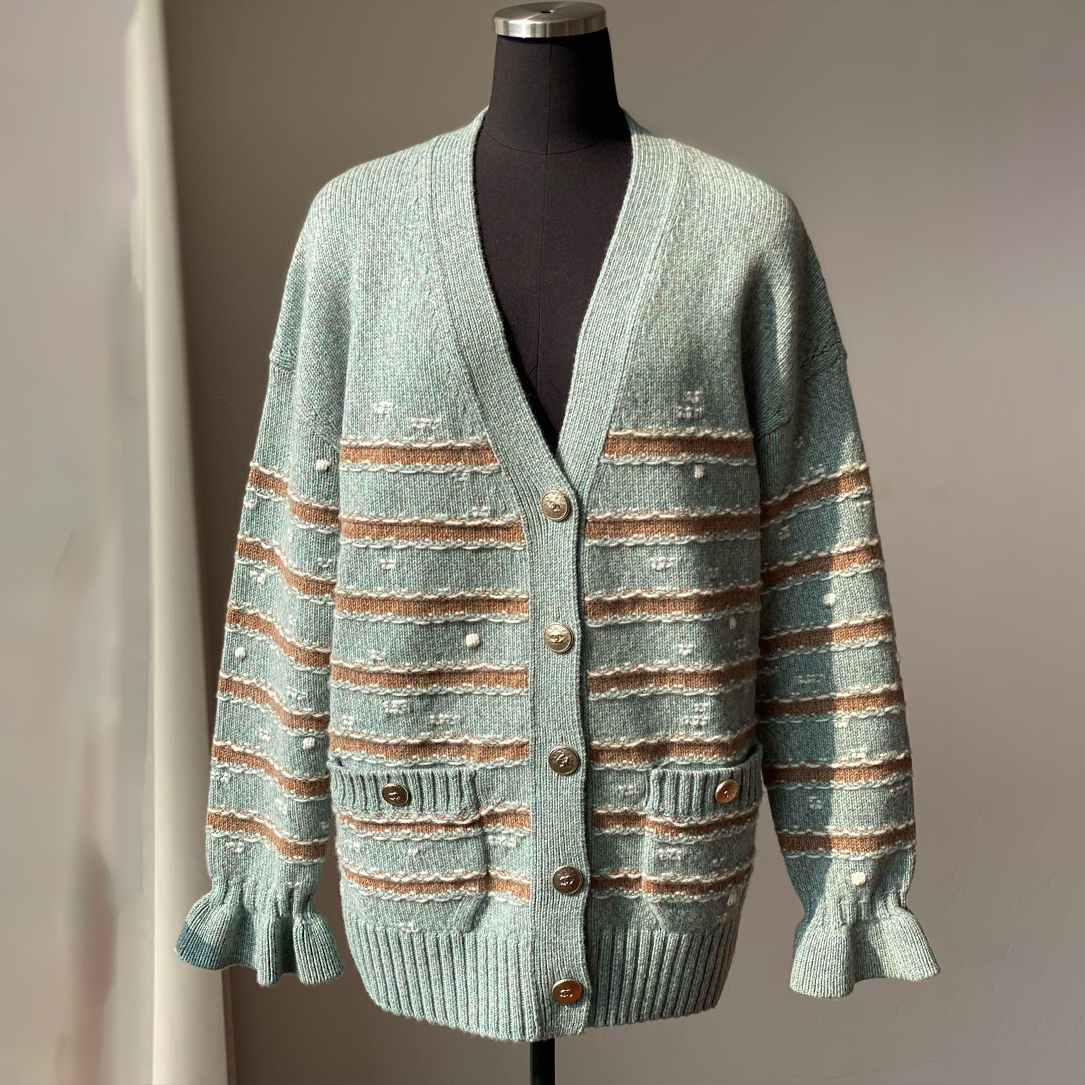 NIGO Chanel Women's Spring And Autumn Striped Fashion Blue And Green Colorblocking V-neck Cardigan Jacquard Chic Knitwear Sweater Single Breasted Jacket #nigo71768