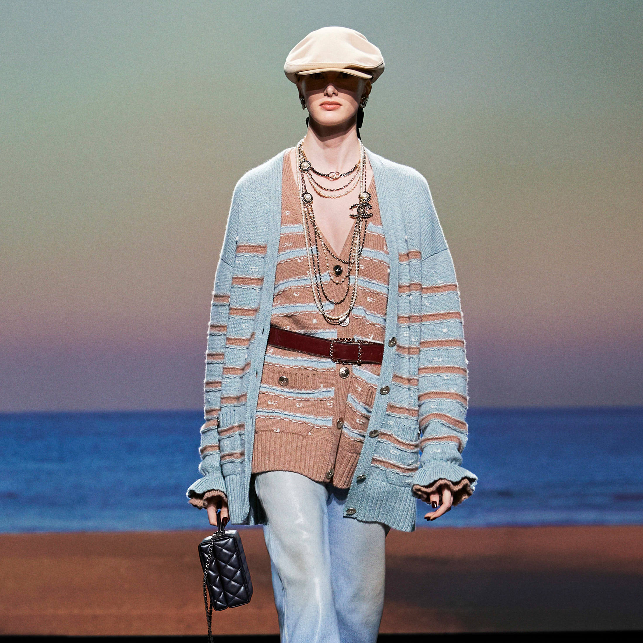 NIGO Chanel Women's Spring And Autumn Striped Fashion Blue And Green Colorblocking V-neck Cardigan Jacquard Chic Knitwear Sweater Single Breasted Jacket #nigo71768