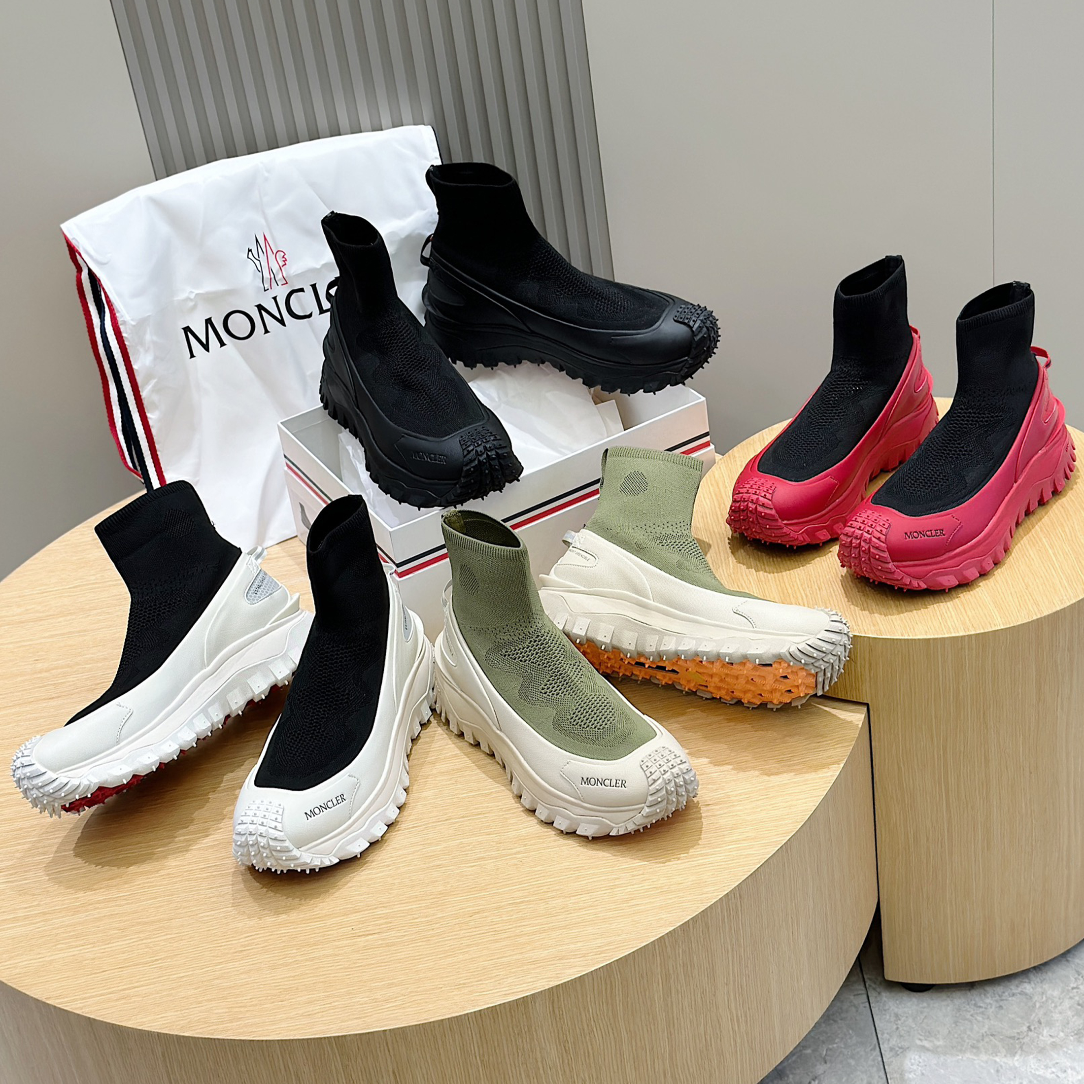 NIGO Moncler Spring Summer New Trailgrip Knit Men's High Top Sneakers Fashionable High Street Colorblocking Knit Upper Casual Shoes Thick Sole Height Increase 4.5cm #nigo71764