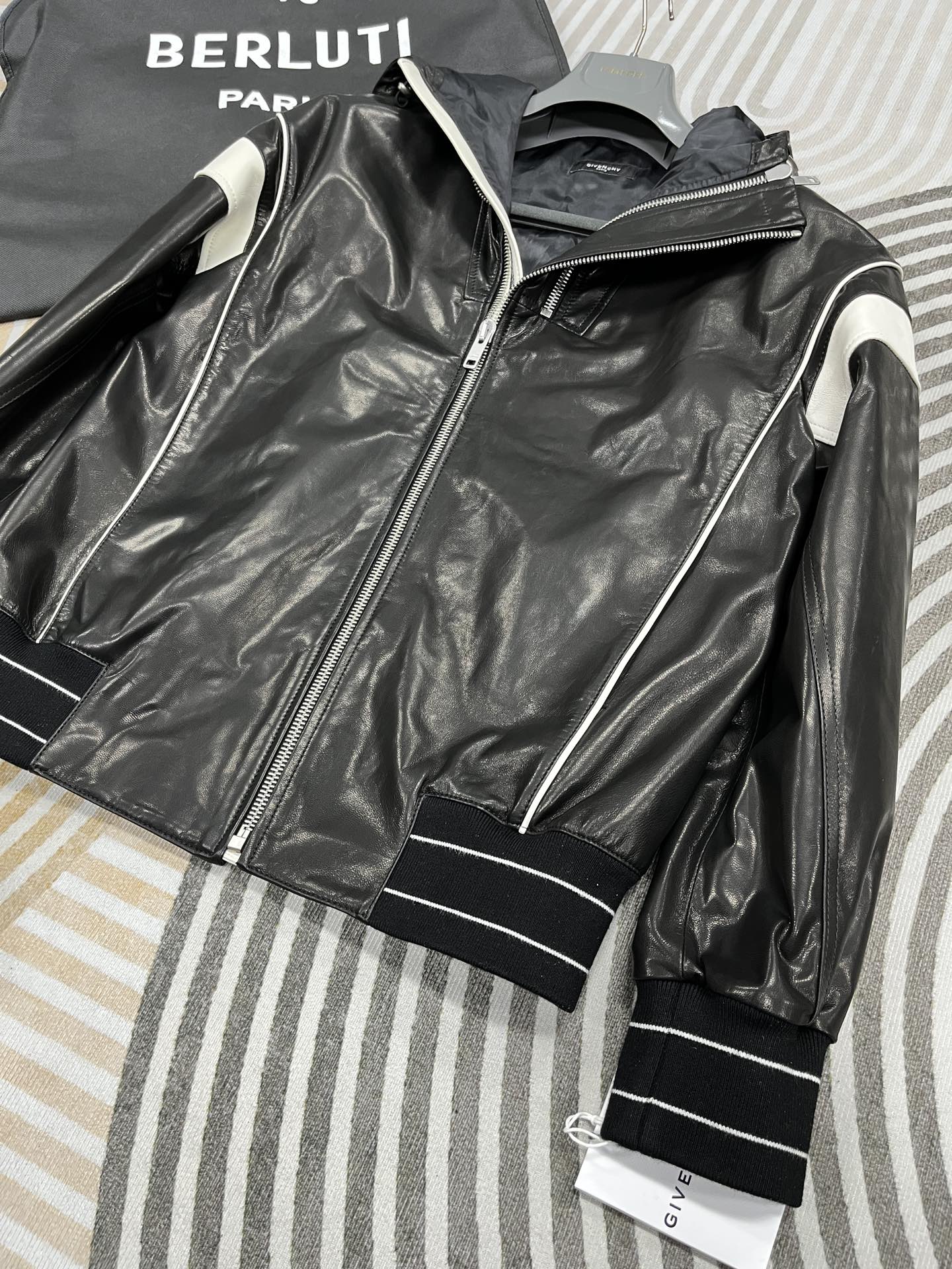 NIGO Givenchy Men's Fall/Winter Black Leather Zipper Hooded Long Sleeve Jacket #nigo74163