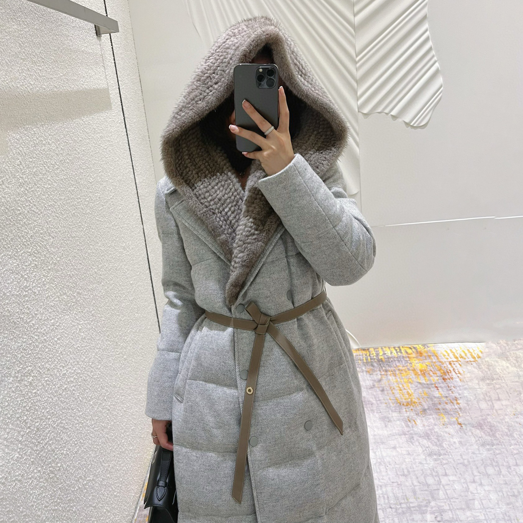 NIGO Loro Piana Women's Winter Cashmere Wool Solid Color Drawstring Hooded Double Breasted Long Coat Jacket #nigo74147