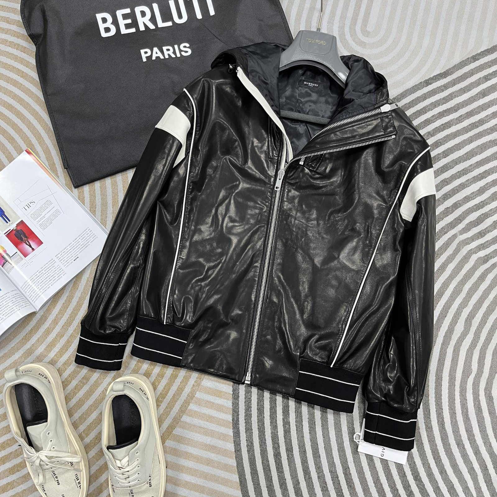 NIGO Givenchy Men's Fall/Winter Black Leather Zipper Hooded Long Sleeve Jacket #nigo74163