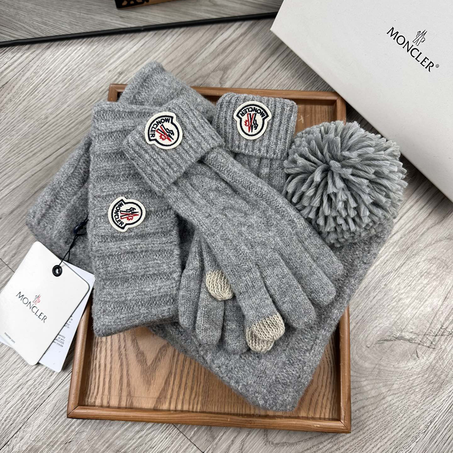NIGO Moncler Women's Solid Color Knitted Wool Scarf Pom Pom Hat Cap Gloves 3 Piece Set #nigo74175