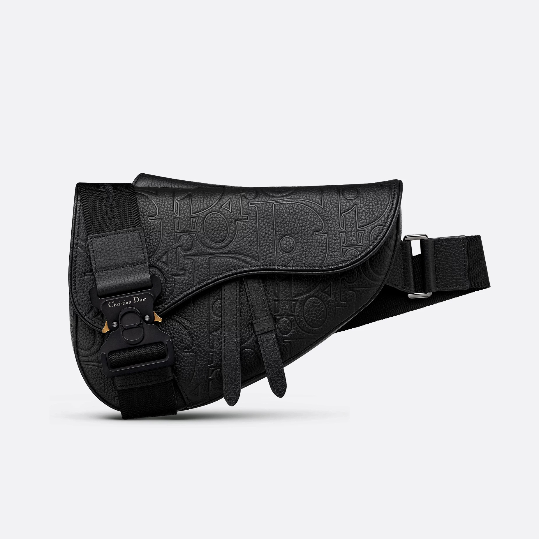 NIGO Dior Men's Black Embossed Pattern Magnetic Flap Closure Calfskin Crossbody Saddle Bag Bags #nigo74196