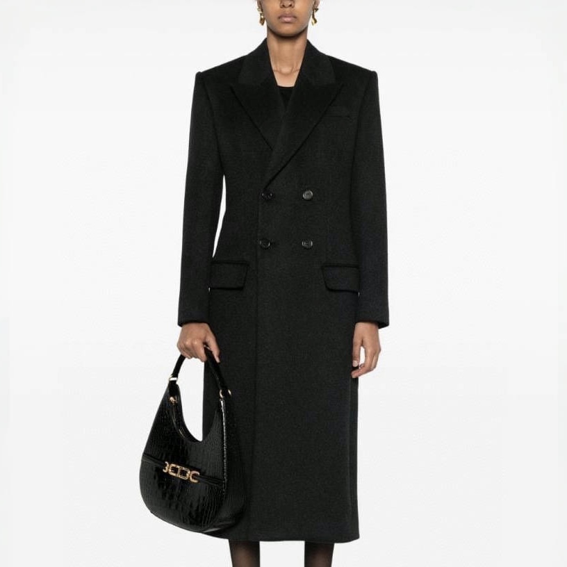 NIGO SAINT LAURENT Women's Autumn and Winter Solid Color Waisted Wide Shoulder Wool Double Breasted Long Coat Jacket #nigo74183