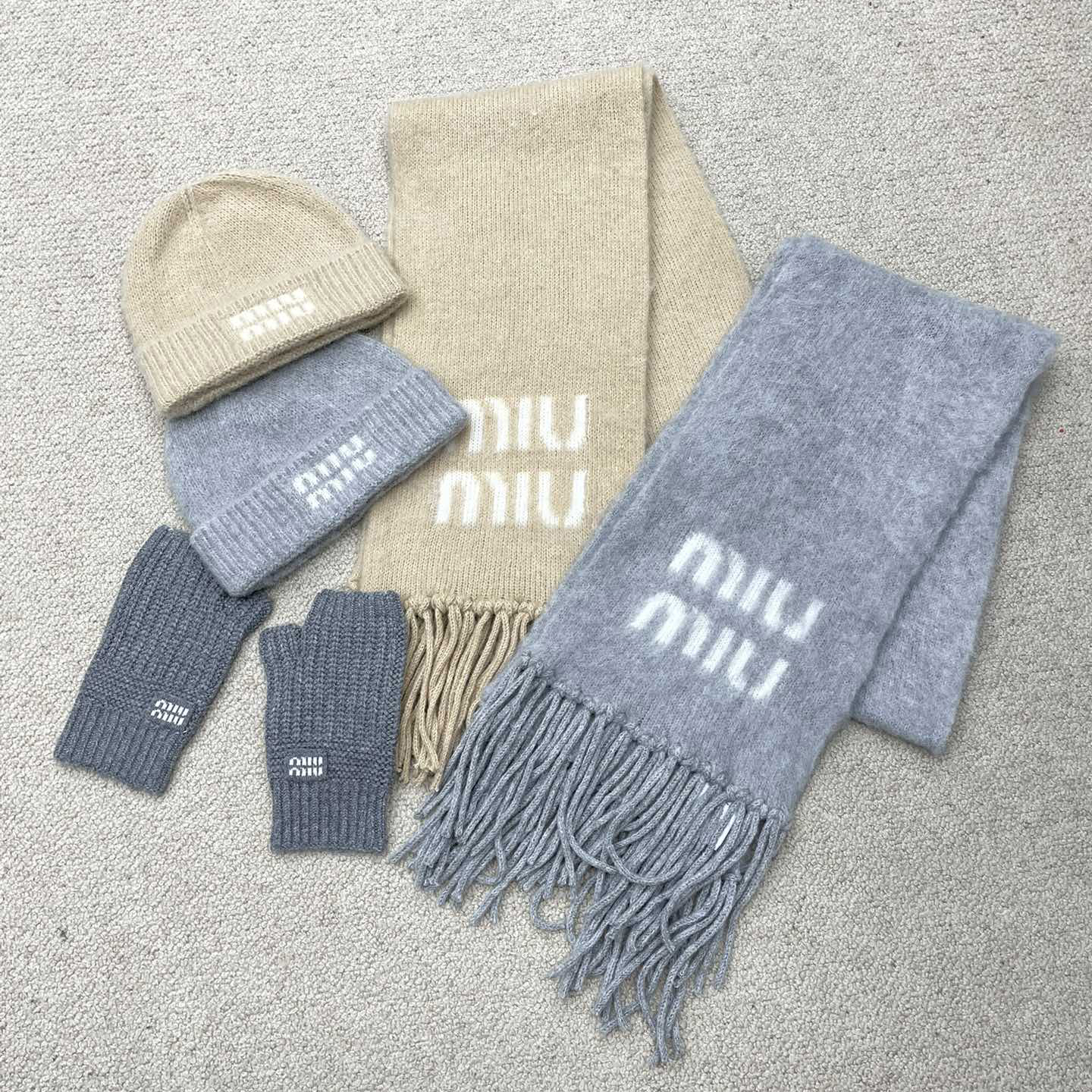 NIGO MiuMiu Women's Solid Color Wool Tassel Scarf Pom Pom Hat Cap Knitted Gloves #nigo74167