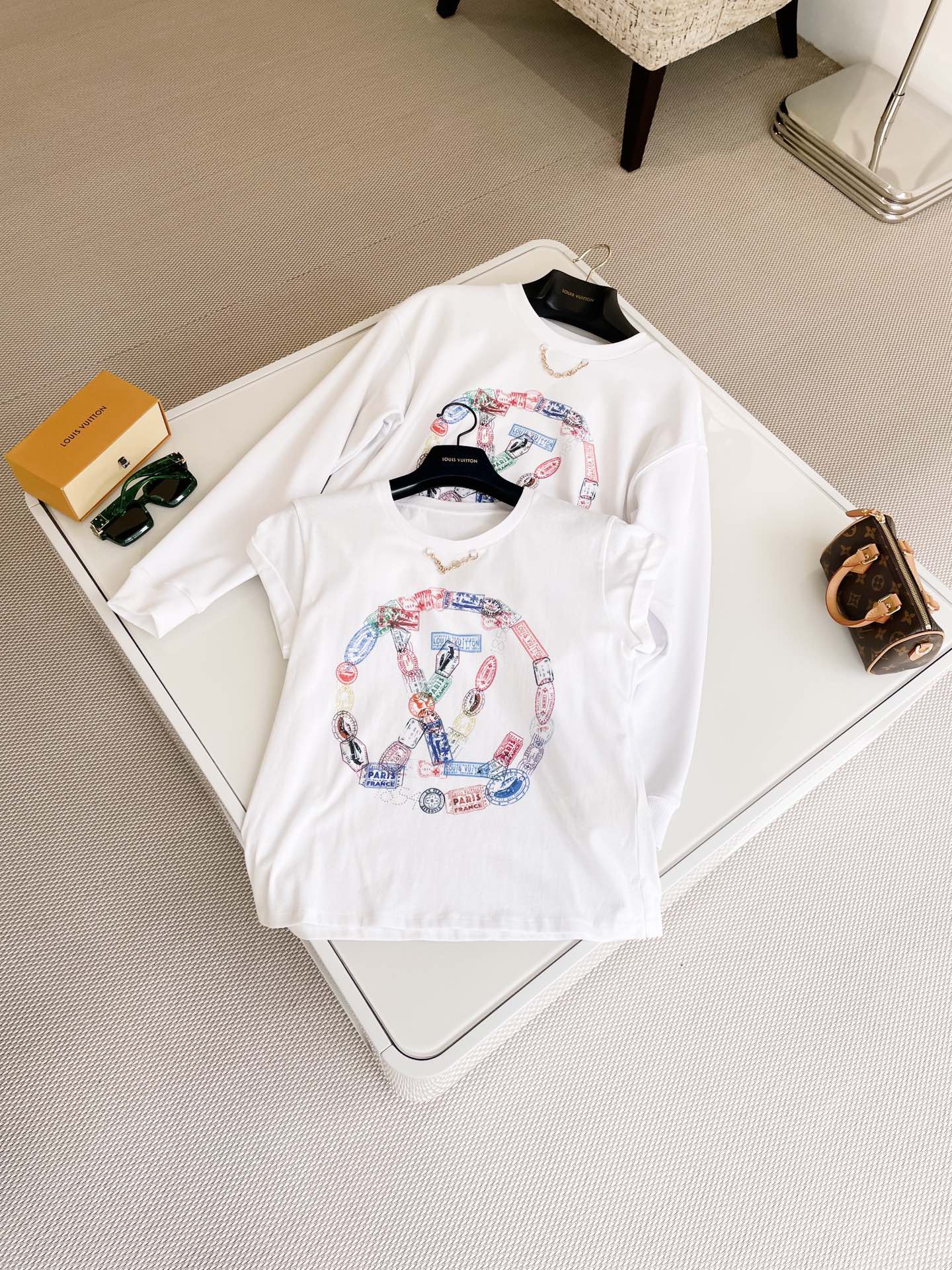 NIGO Louis Vuitton Women's Summer White Round Neck Travel Seal Print Cotton Short Sleeve T-Shirt #nigo74179
