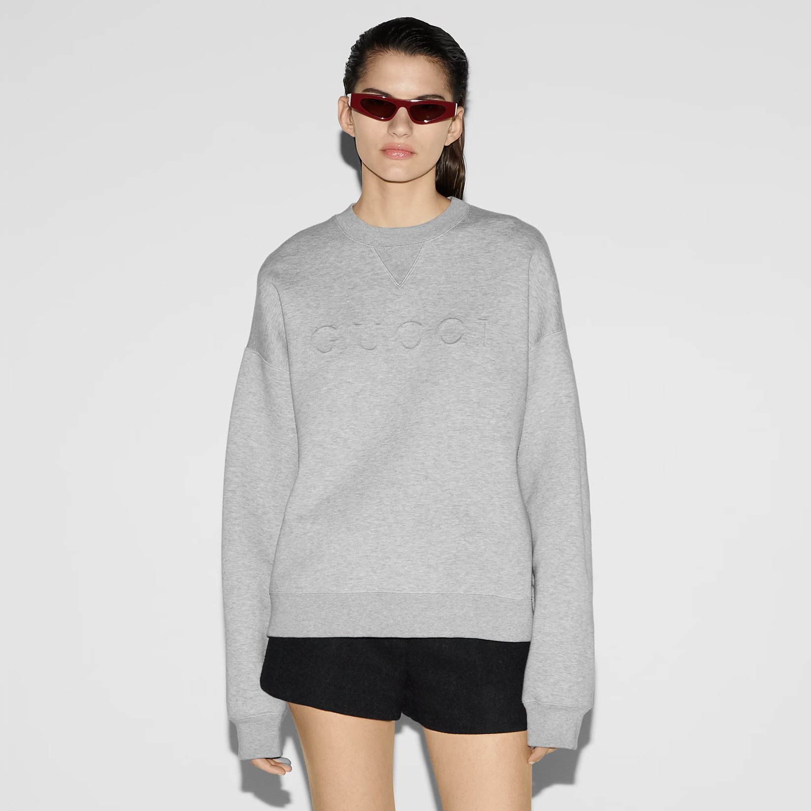 NIGO Gucci Women's Spring Summer Gray Embossed Letter Round Neck Long Sleeve Sweatshirt Cotton Shorts Set Suit #nigo74182