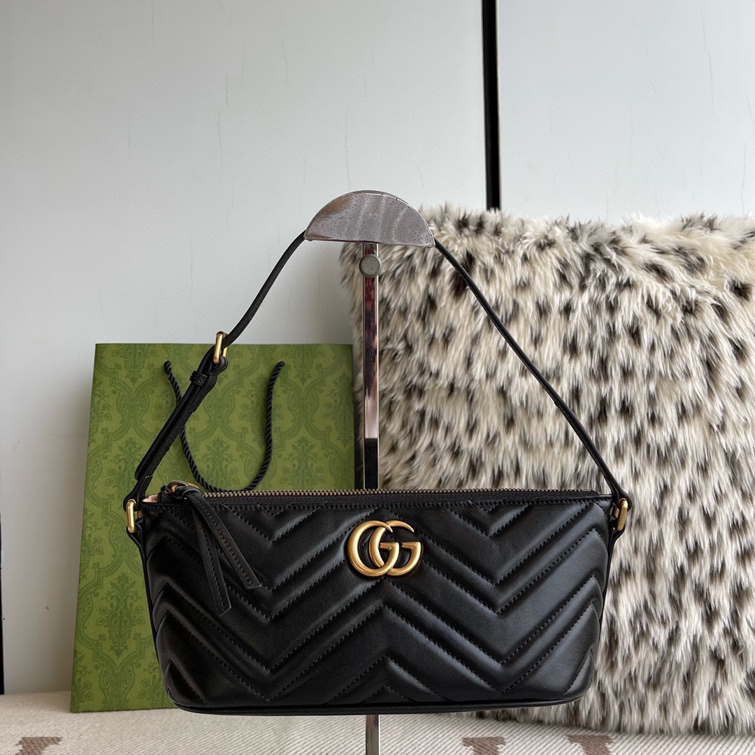 NIGO Gucci Marmont Women's Black Double G Logo Herringbone Quilted Leather Tote Shoulder Bag Bags #nigo74198