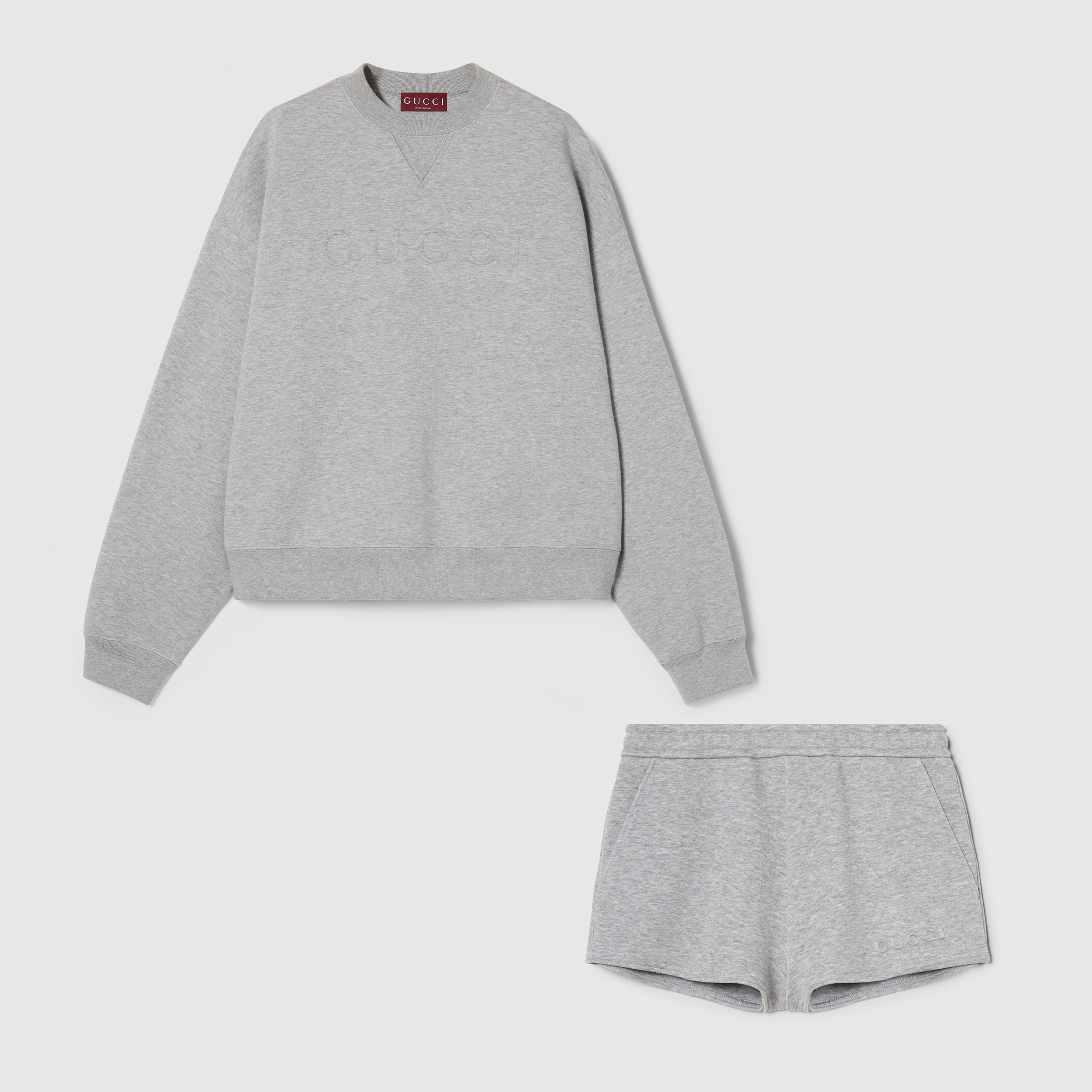 NIGO Gucci Women's Spring Summer Gray Embossed Letter Round Neck Long Sleeve Sweatshirt Cotton Shorts Set Suit #nigo74182