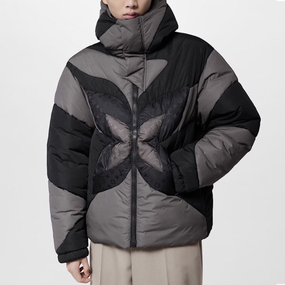 NIGO Louis Vuitton Men's Fall And Winter Letter Print Splicing Nylon Waterproof Fabric Hooded Zipper Long Sleeve Puffer Down Jacket #nigo74185