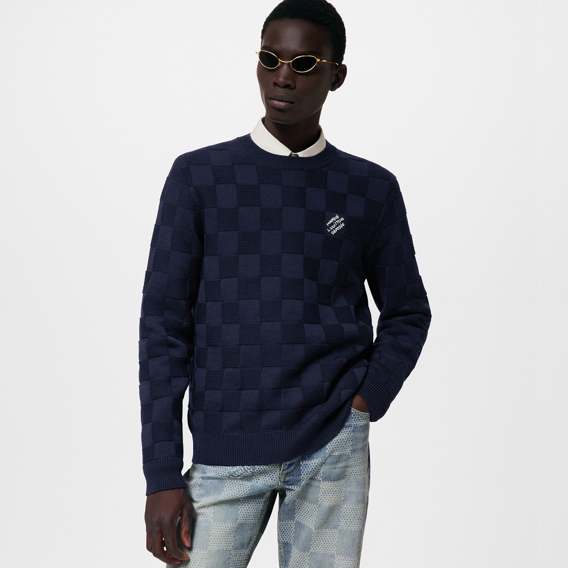 NIGO Louis Vuitton Men's Spring and Autumn Solid Color Check Printed Wool Round Neck Long Sleeve Knitted Sweater #nigo74211
