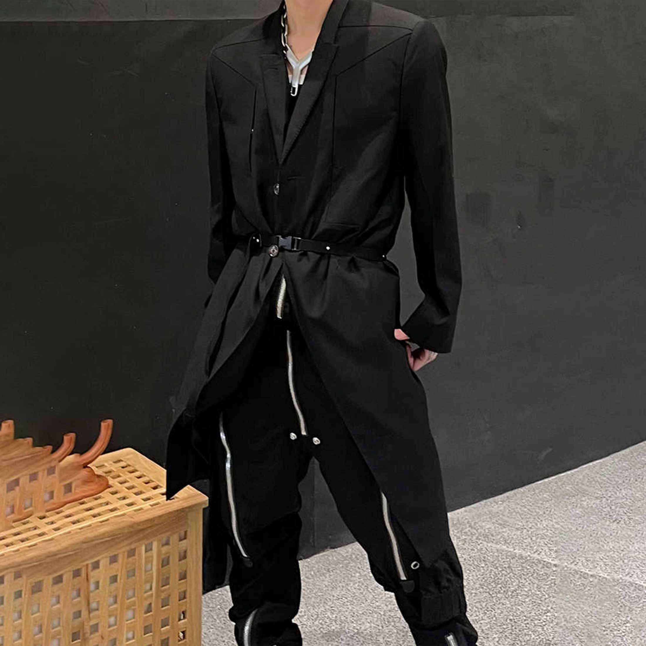 NIGO Rick Owens Black Padded Shoulder Long Suit Blazer Dark Style Trendy Handsome Casual Suit High Street Fashion Jacket #nigo71773