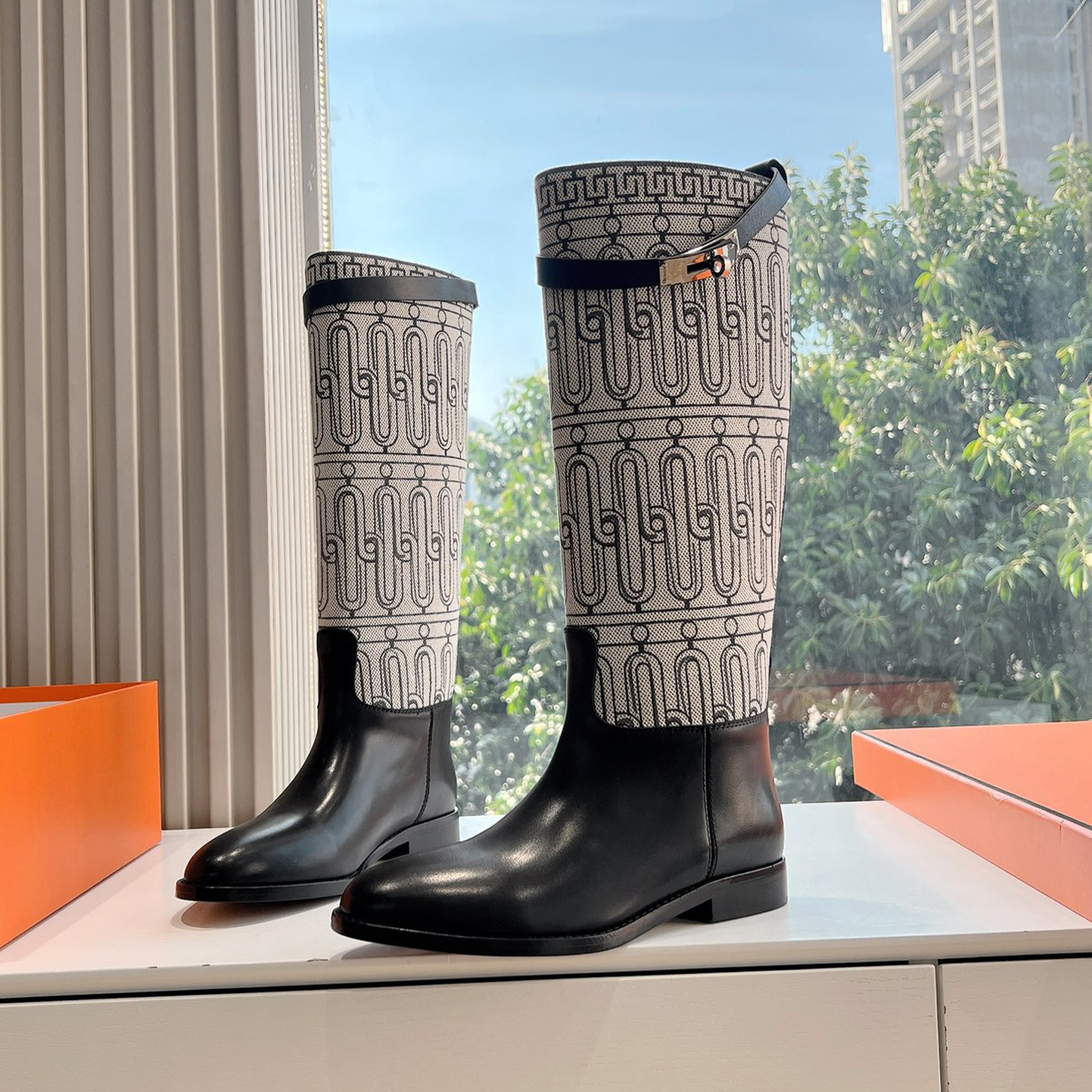 NIGO Hermes Jumping Boot Luxury Embroidery Cowhide Women's Boots Patchwork Leather Buckle Exquisite Elegant Boots Autumn Winter Shoes #nigo71774