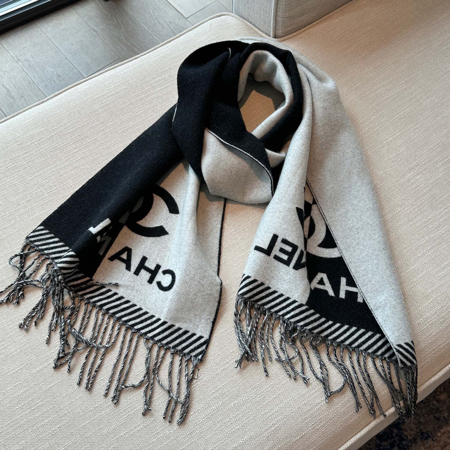NIGO Chanel Women's Black and White Logo Print Wool Fringe Scarf #nigo74239