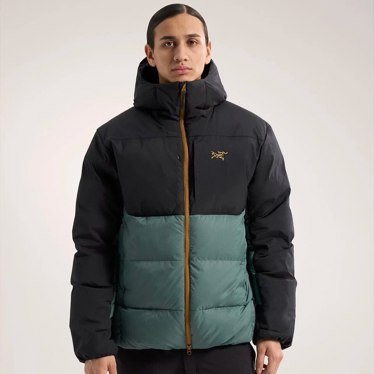 NIGO Arcteryx Men's And Women's Fall And Winter Splicing Logo Hooded Zipper Down Long Sleeved Jacket #nigo74246