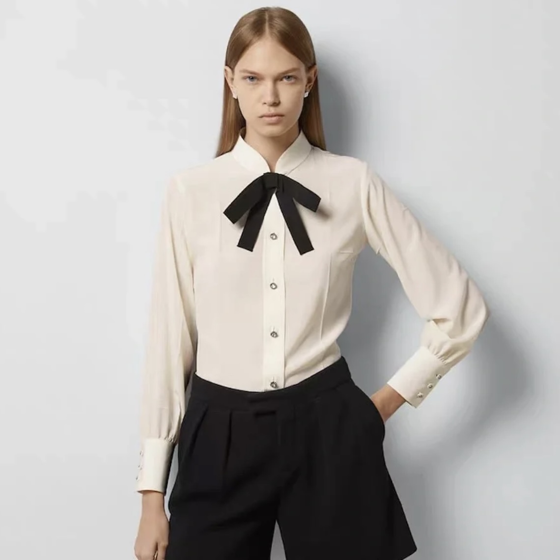 NIGO Gucci Women's Spring And Autumn Silk Lapel Long Sleeve Solid Color Fitted Shirt Ngvp #nigo9615