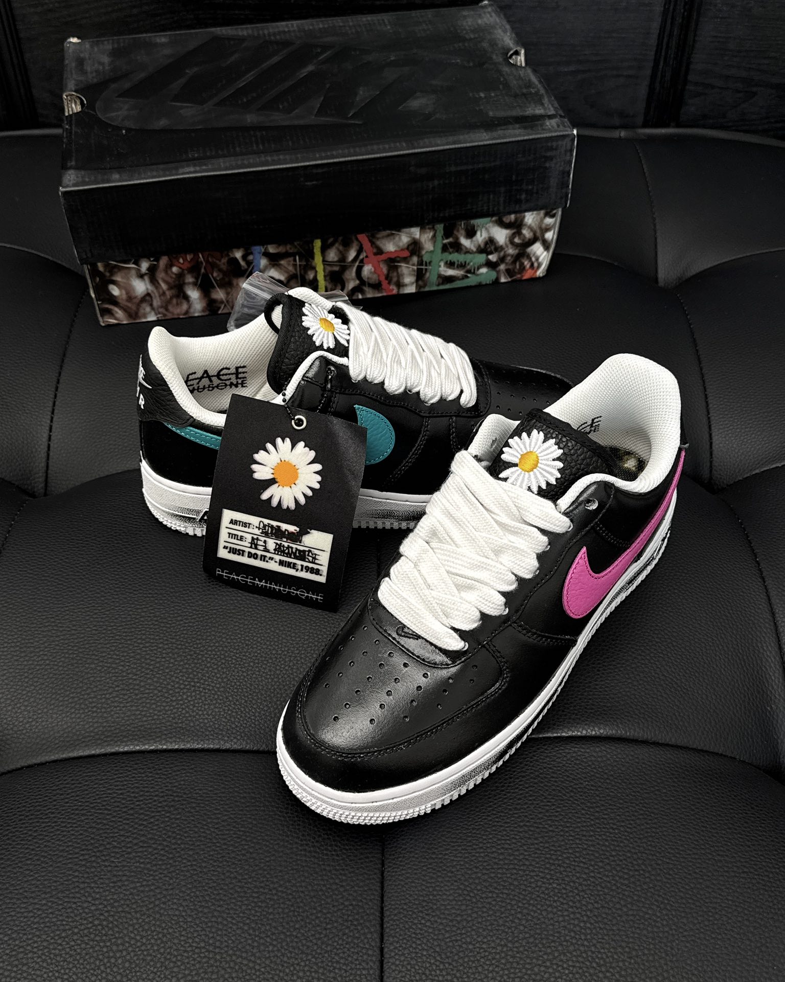 NIGO Nike Men's and Women's Black Leather Daisy Logo Low Top Lace Up Flats Shoes #nigo74264