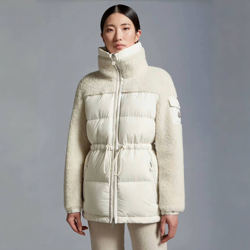 NIGO Moncler Women's Fall And Winter Beige Splicing Collar Lamb Wool Zipper Casual Long Sleeved Down Jacket #nigo74259