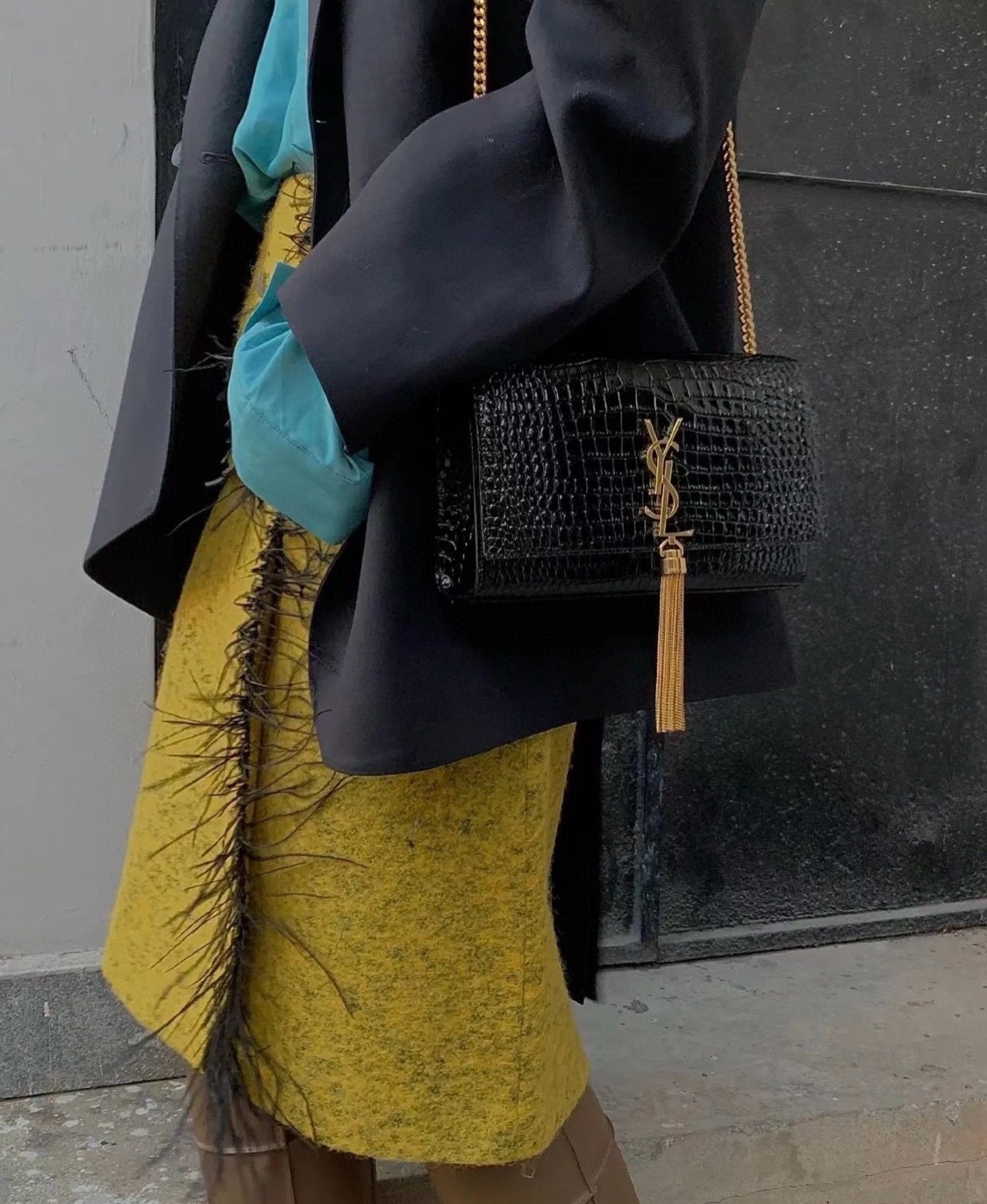 NIGO SAINT LAURENT Women Black Gold Label Logo Chain Crocodile Embossed Glossy Cowhide Crossbody Shoulder Bag Bags #nigo74268