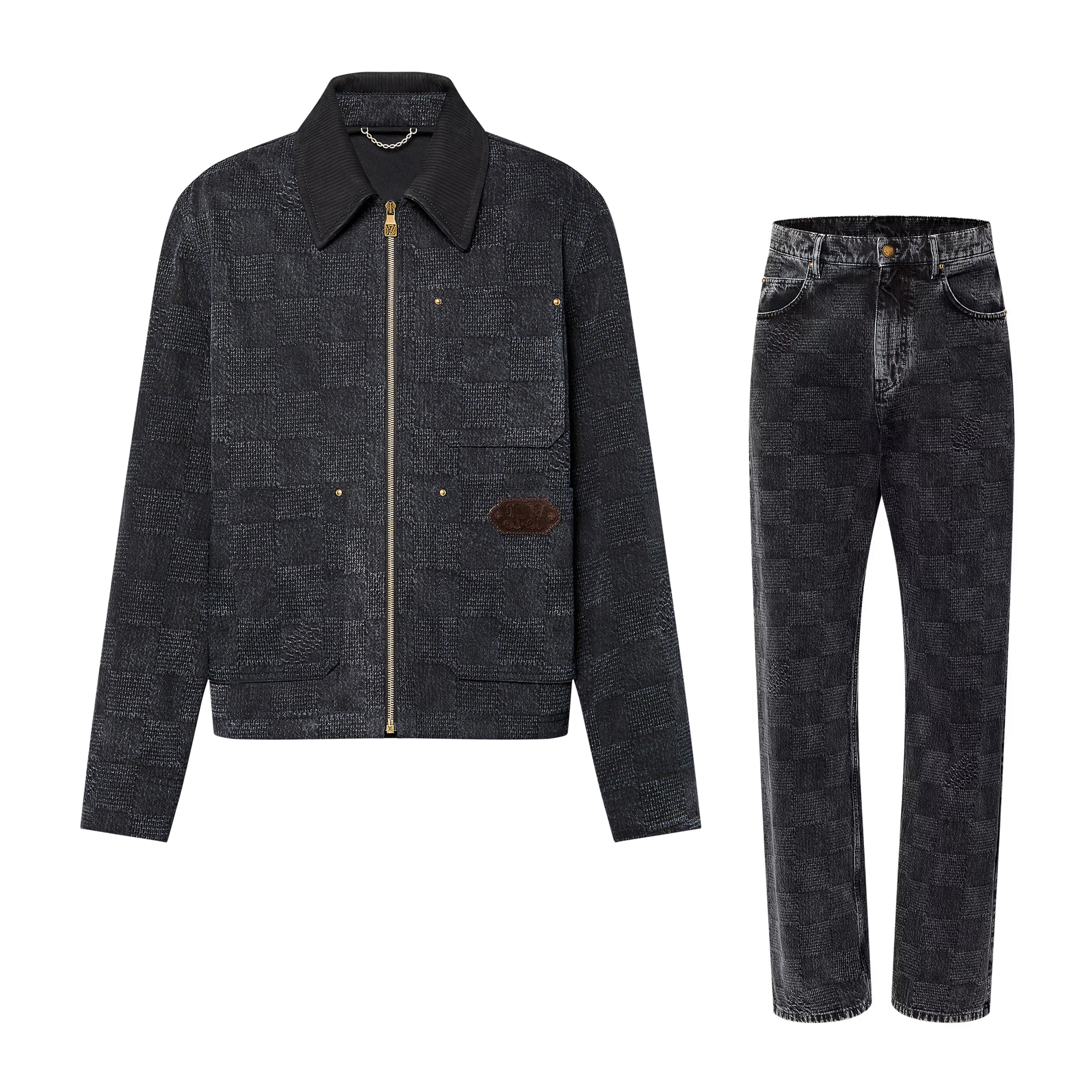 Nigo Louis Vuitton Men's Spring And Fall Black Embossed Pattern Stitching Zipper Long Sleeved Denim Jacket Plaid Casual Jeans Pants Suit Set #nigo74288