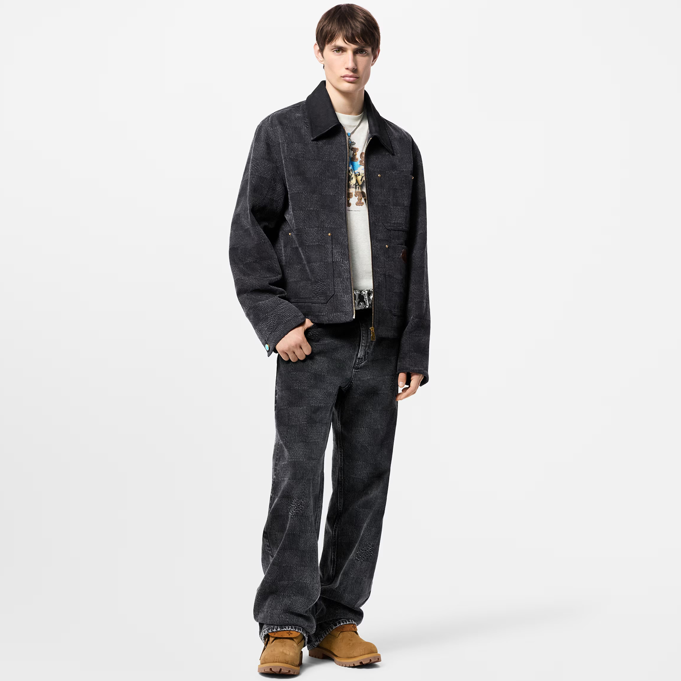 Nigo Louis Vuitton Men's Spring And Fall Black Embossed Pattern Stitching Zipper Long Sleeved Denim Jacket Plaid Casual Jeans Pants Suit Set #nigo74288