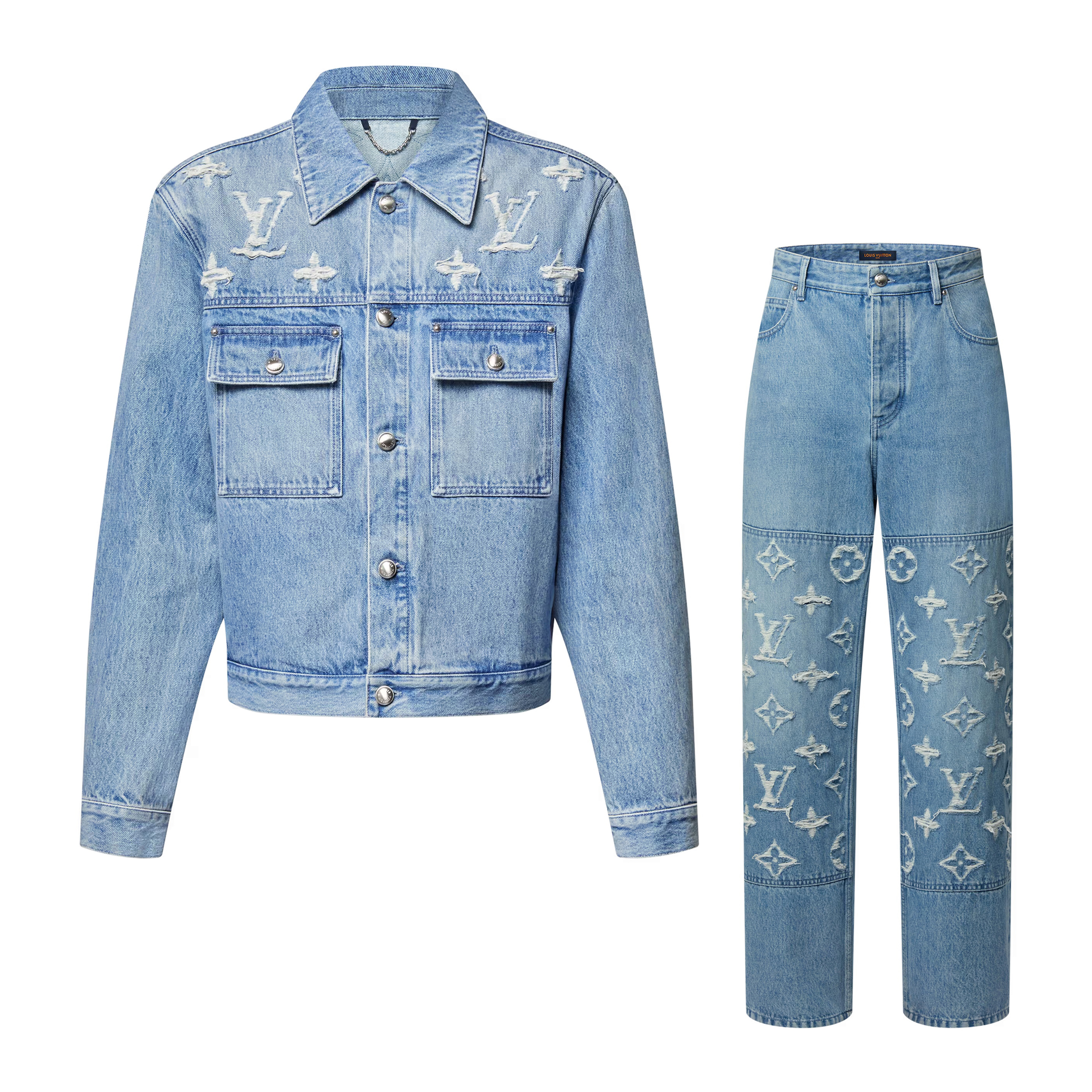 NIGO Louis Vuitton Men's Spring And Fall Embroidered Logo Single Breasted Long Sleeved Denim Jacket Mid Rise Jeans Pants Suit Set #nigo74293
