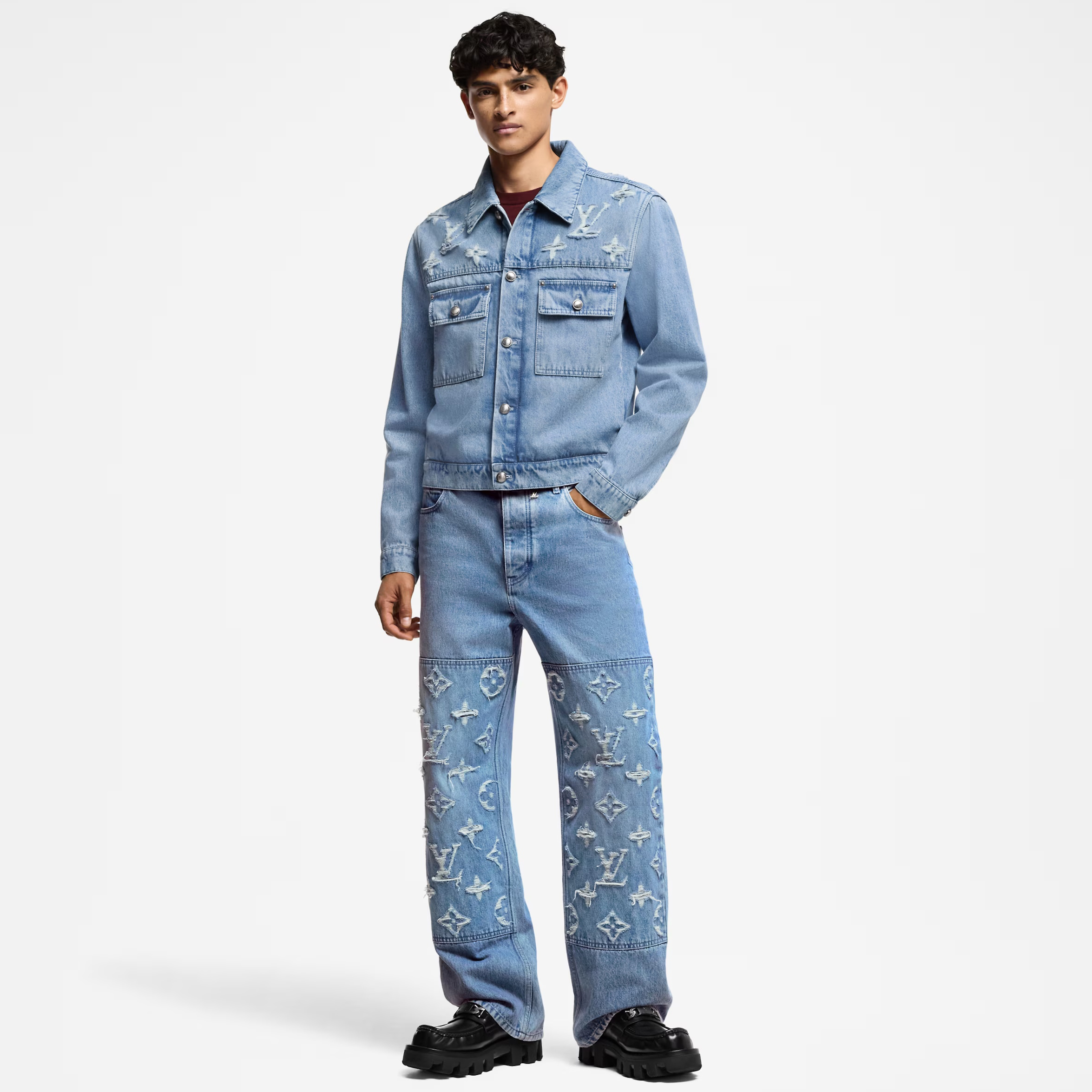 NIGO Louis Vuitton Men's Spring And Fall Embroidered Logo Single Breasted Long Sleeved Denim Jacket Mid Rise Jeans Pants Suit Set #nigo74293