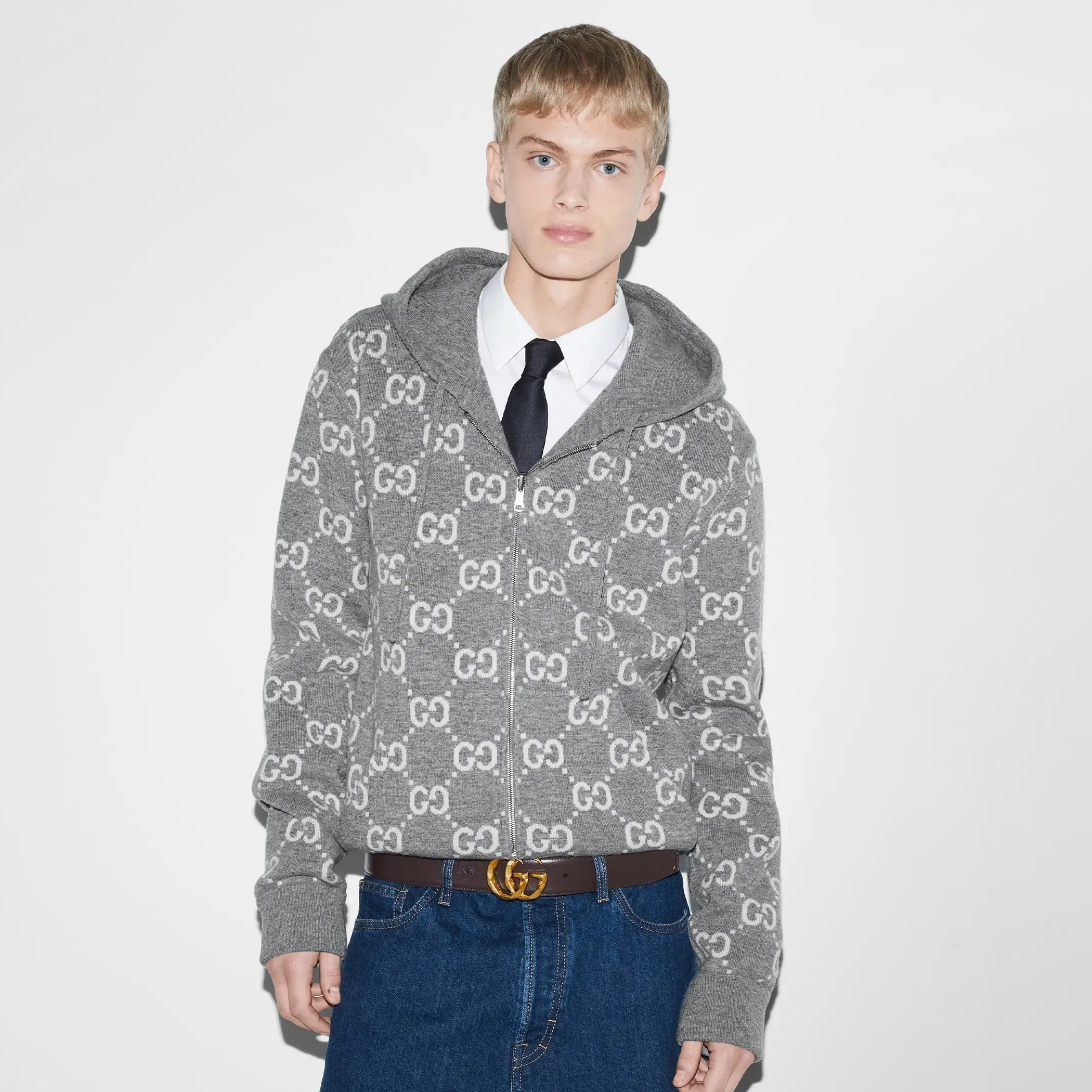 NIGO Gucci Men's Autumn and Winter Gray Full Printed Reversible Hooded Zipper Long Sleeve Jacket #nigo74292