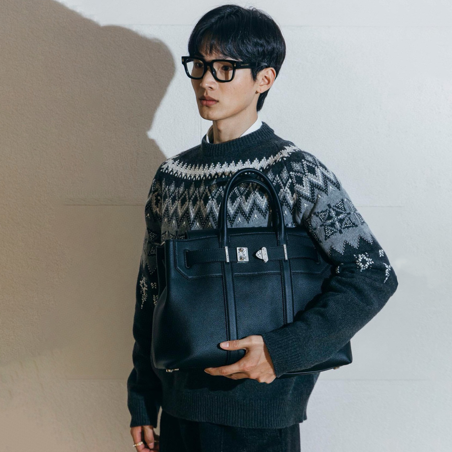 NIGO Louis Vuitton Men's Spring & Autumn Crew Neck Gray & White Embellished Cotton Wool Knit Sweater #nigo74322