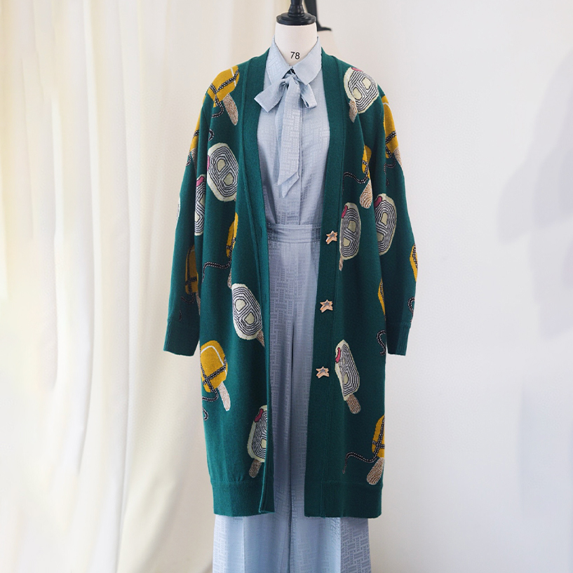 NIGO Hermes Women's Printed Cashmere V-Neck Single-Breasted Spring, Fall And Winter Long Loose Knitted Cardigan Ngvp #nigo9633