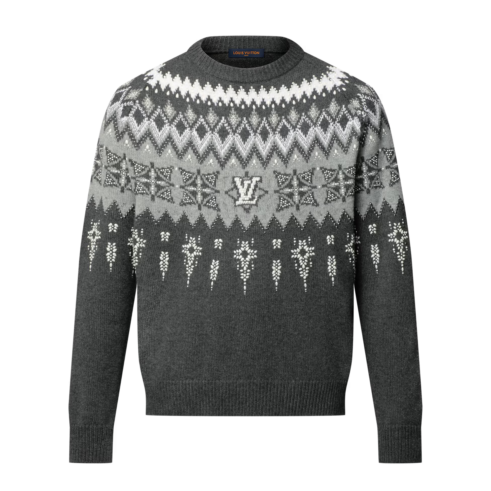 NIGO Louis Vuitton Men's Spring & Autumn Crew Neck Gray & White Embellished Cotton Wool Knit Sweater #nigo74322