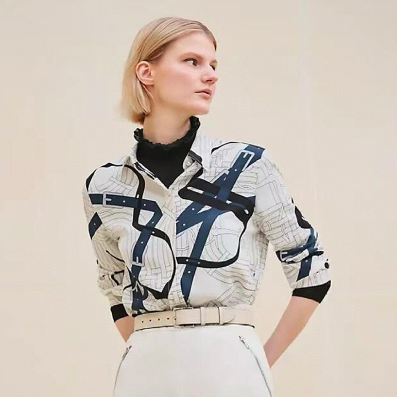 NIGO Hermes Women's Spring, Summer And Fall Chain Print Lapel Single-Breasted Silk Casual Fitted Long-Sleeved Shirt Ngvp #nigo9632