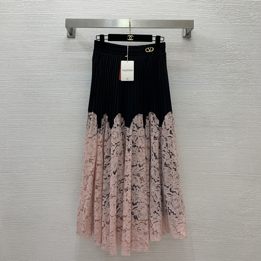 NIGO Valentino Women's Spring And Summer Lace Color Collision Splicing Pressure Pleated Large Swing High Waist Thin Half Body Skirt #nigo74312