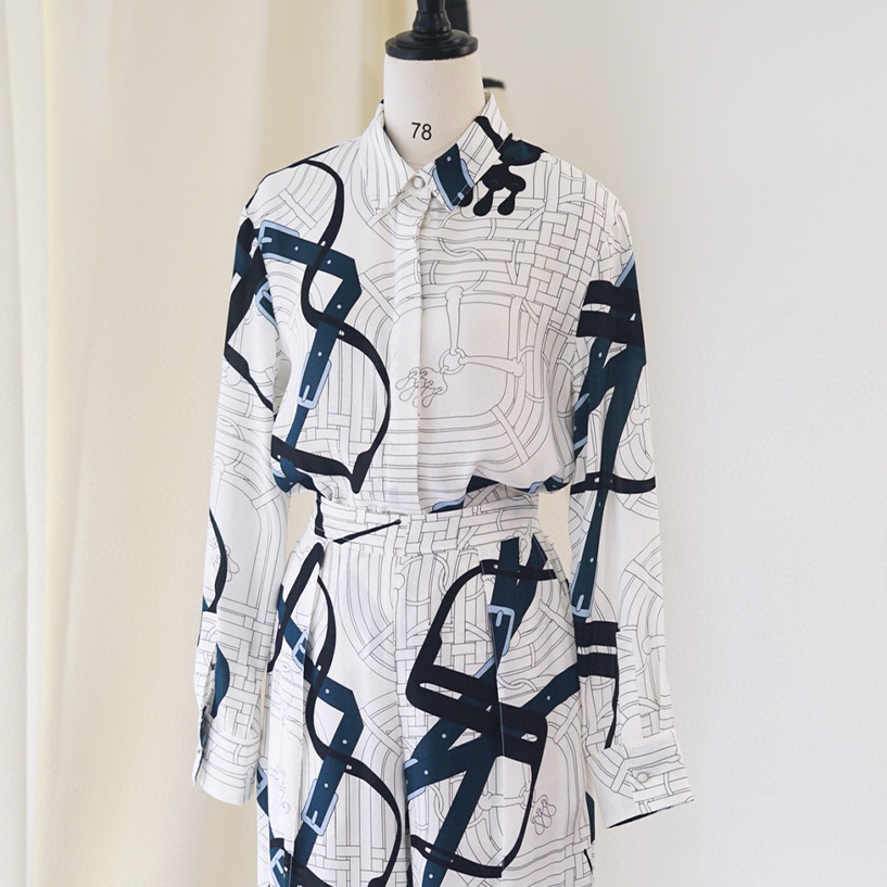 NIGO Hermes Women's Spring, Summer And Fall Chain Print Lapel Single-Breasted Silk Casual Fitted Long-Sleeved Shirt Ngvp #nigo9632